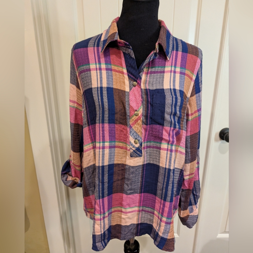 Cosmic Blue Love Colorful Relaxed Plaid Half Button Down Shirt